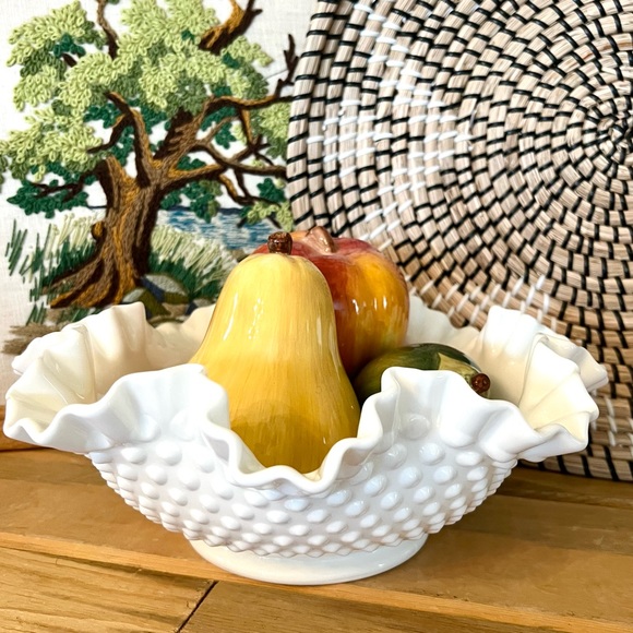 Other - Vintage Fenton hobnail ruffle rim white milk glass large candy dish fruit bowl